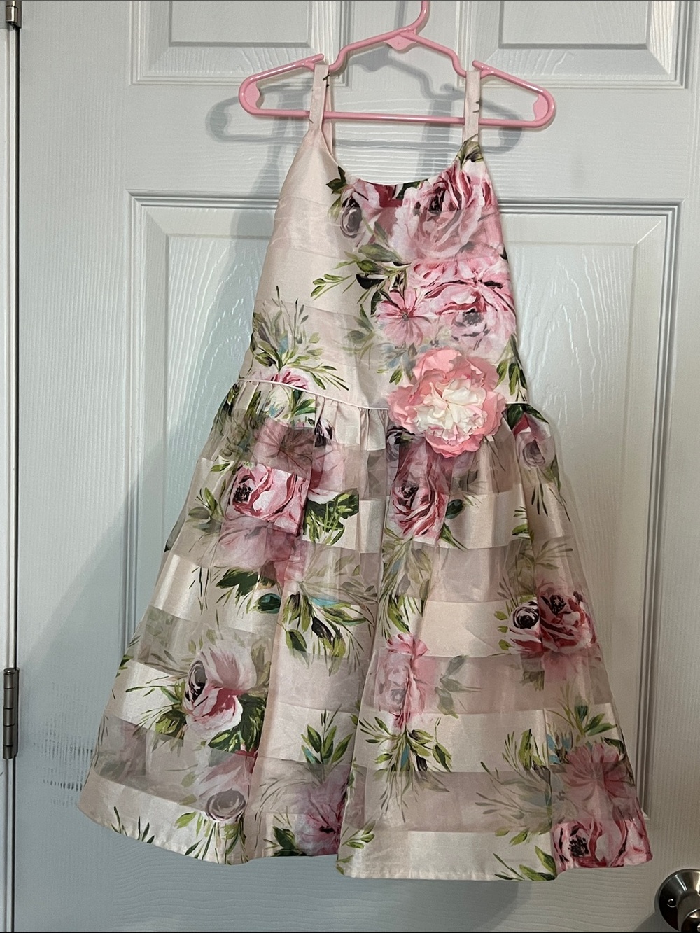 Zunie Pink Floral Satin Tiered Dress with Flower Applique